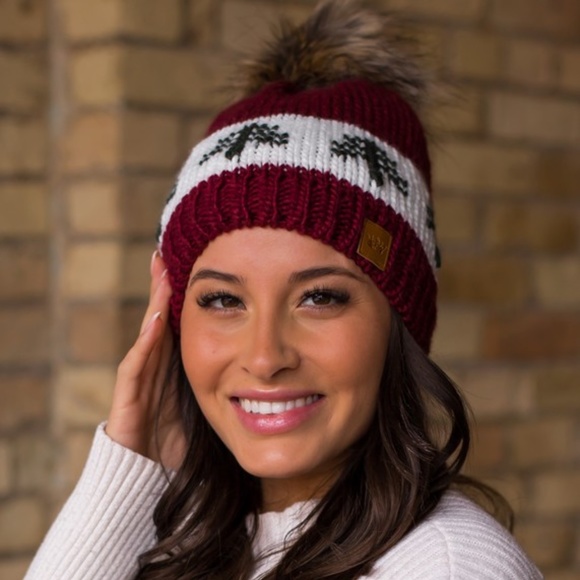 Burgundy Green Pine Evergreen Tree Holiday Knit Faux Fur Pom Beanie Winter Hat - Picture 2 of 3